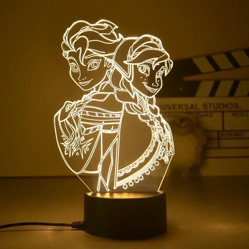 Lampe de Chevet Fille Led 3D Anna et Elsa - Veilleuse de rêve