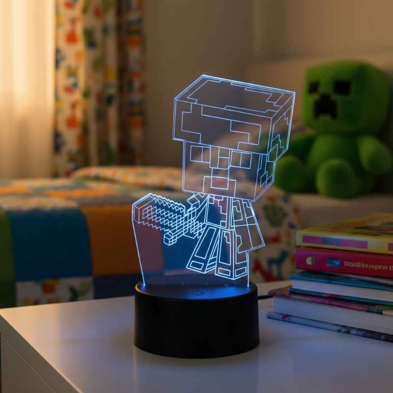 Lampe personnage Minecraft 3D junior posée sur table de nuit dans chambre enfant