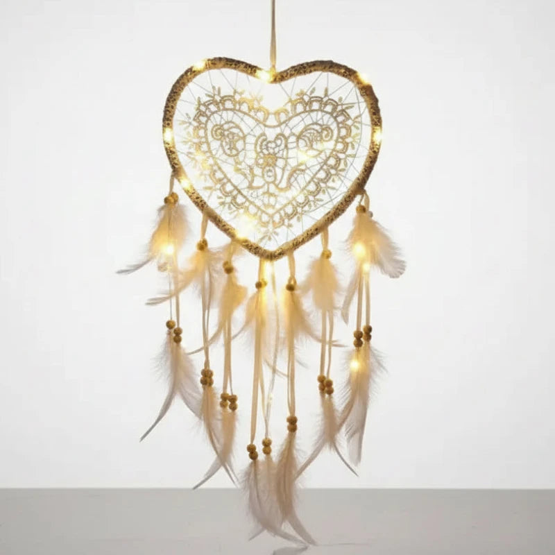 Attrape Rêve Coeur Lumineux Beige Blanc Allumer