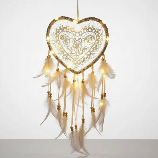 Attrape Rêve Coeur Lumineux Beige Blanc Allumer