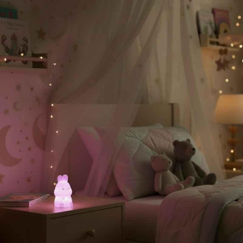 Veilleuse petit lapin déco chambre bébé sur table de nuit