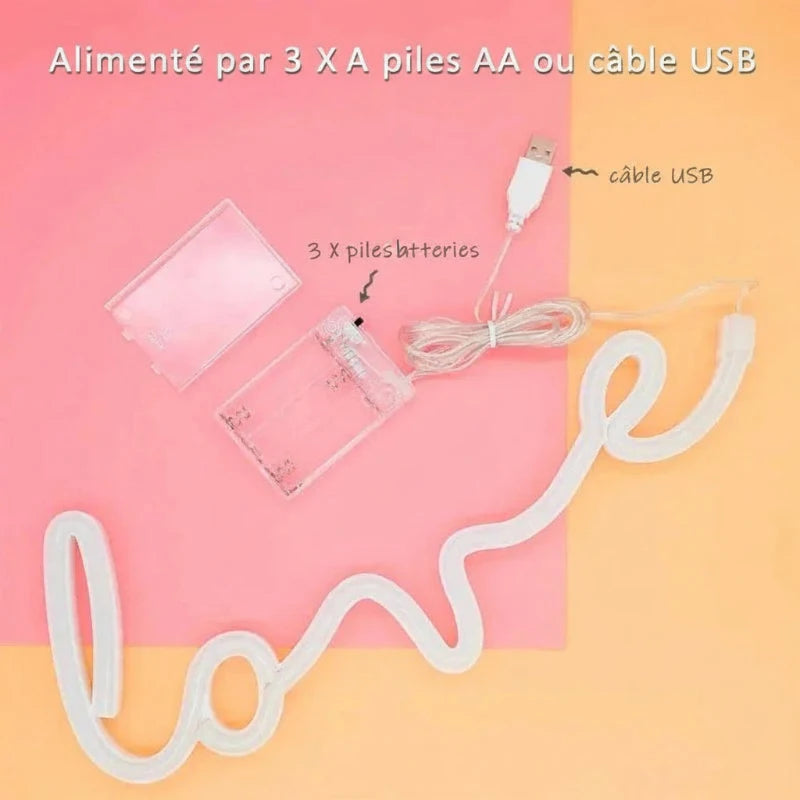 détail du néon led love rose cœur avec éclairage LED rose