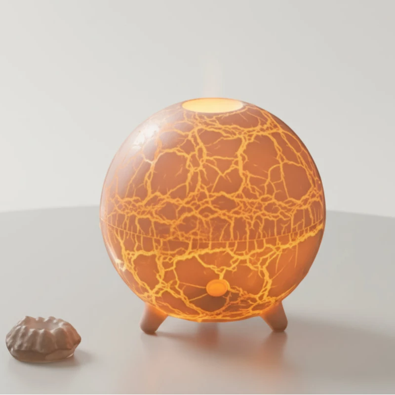 Diffuseur volcan blanc effet flamme sur table de nuit avec brume
