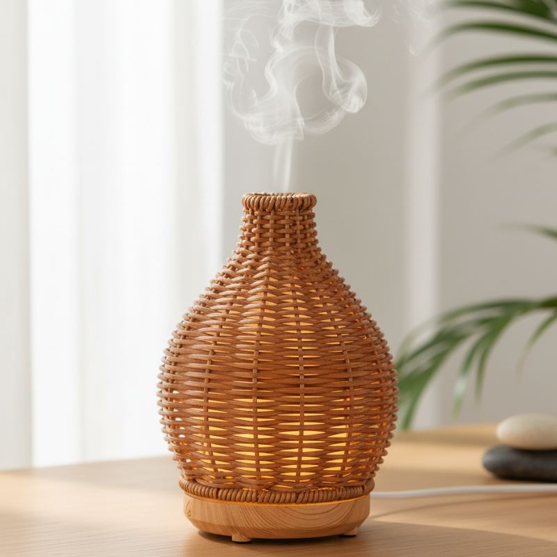 brume fine sortant du diffuseur d’arôme bois naturel design zen