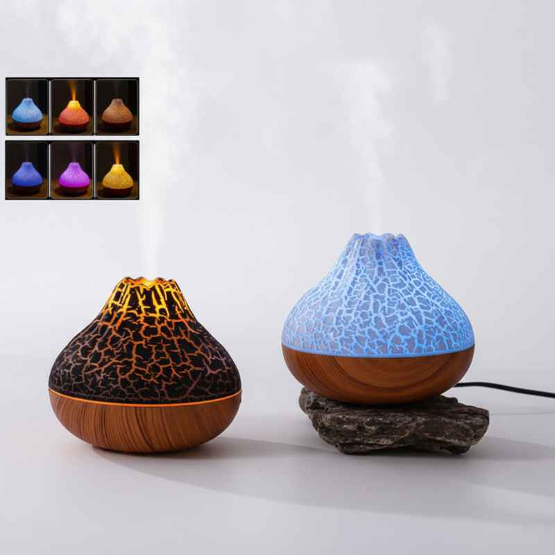 Vue d'ensemble humidificateur volcan USB sur table bois
