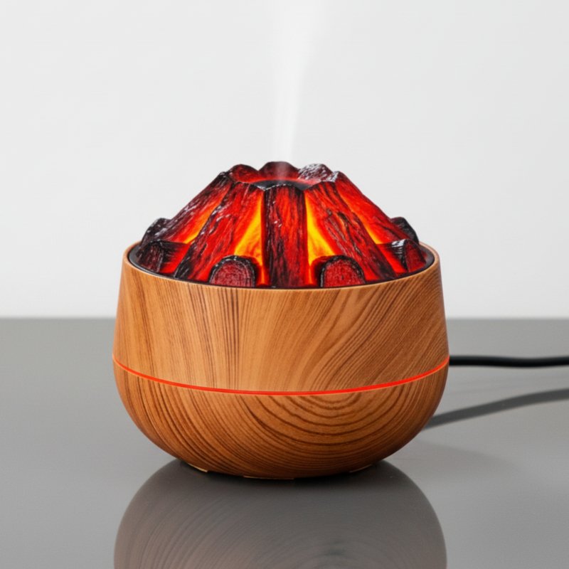 Diffuseur d’huiles essentielles effet flamme de cheminée sur table de chevet avec lueur chaude