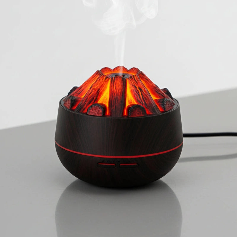 Diffuseur flamme de cheminée LED allumé avec vue rapprochée de la flamme