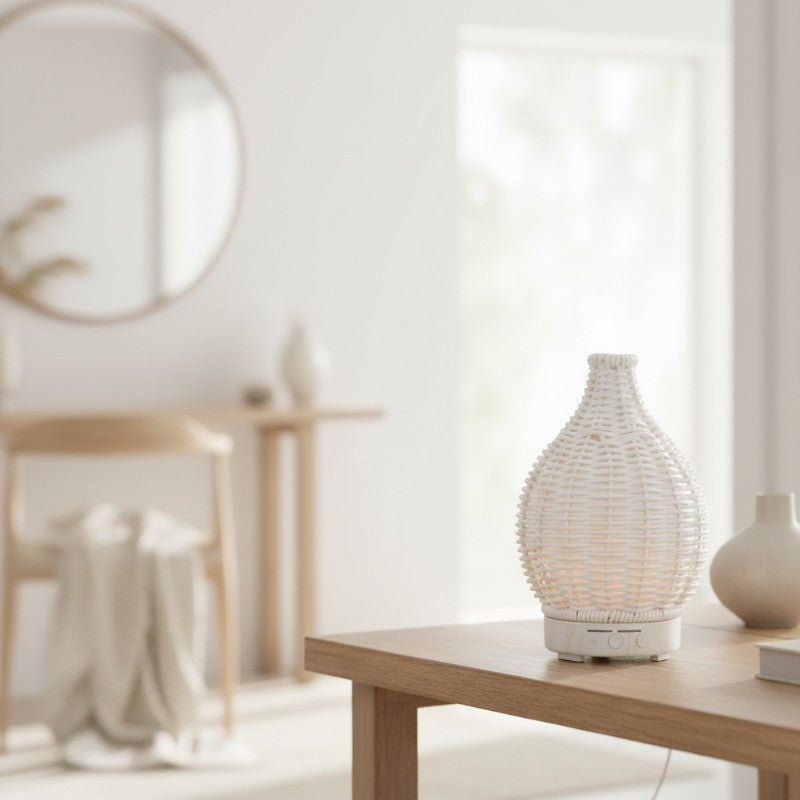 éclairage tamisé d’un diffuseur LED bois naturel sur table déco