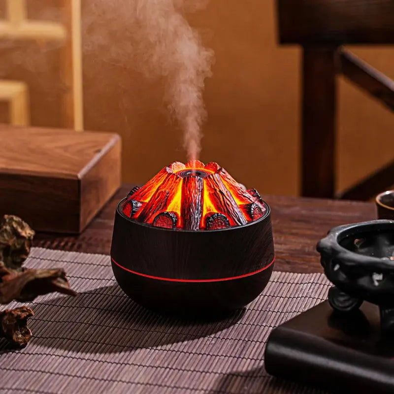 Diffuseur flamme cheminée vue de dessus montrant la lumière douce et le réservoir
