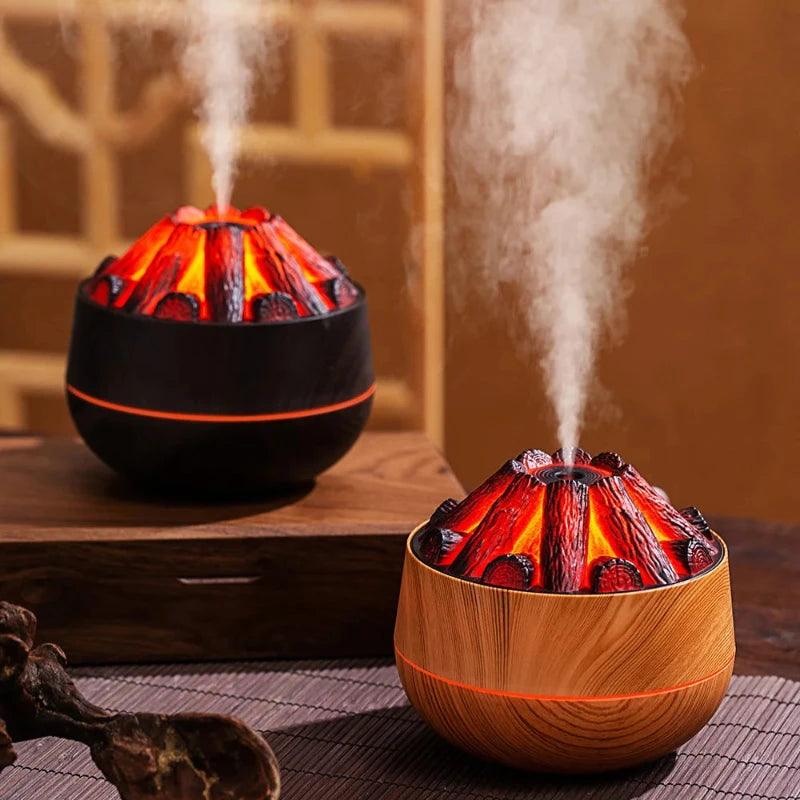 Diffuseur d’huiles essentielles flamme de cheminée dans un salon doux et relaxant