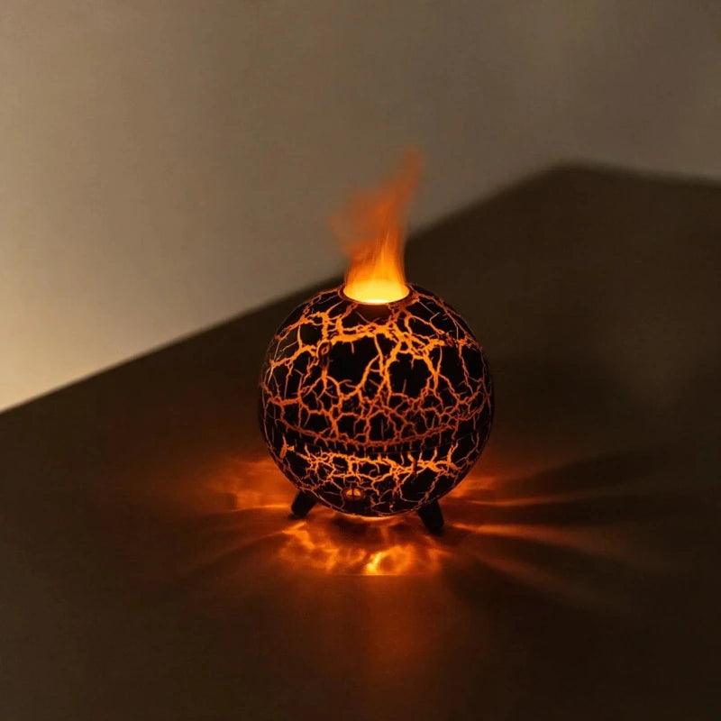 Diffuseur volcan noir avec lueur chaude ambiance salon