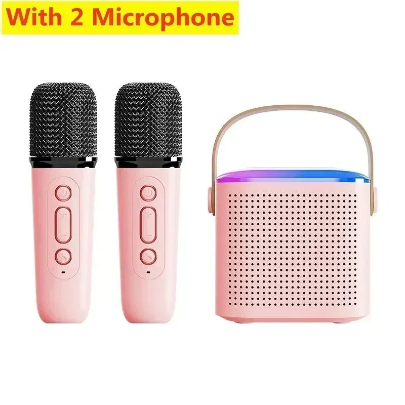 enceinte karaoke 2 micros rose fond blanc