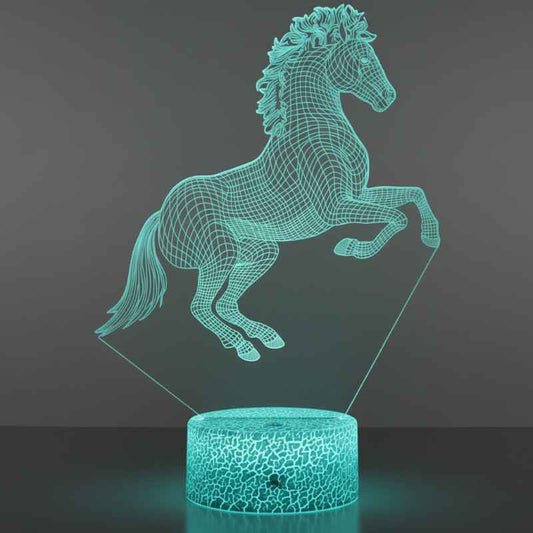 Lampe 3D cheval design moderne sur table de chevet éclairée