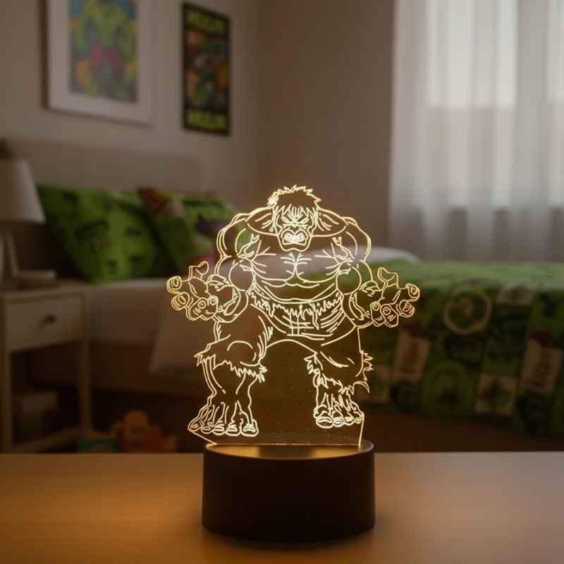 lampe 3D Hulk LED verte sur table de chevet allumée