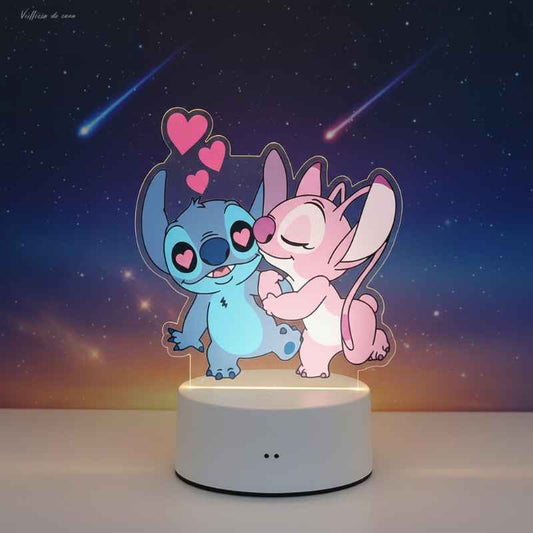 Lampe de chevet Angel et Stitch 3D éteinte sur table blanche
