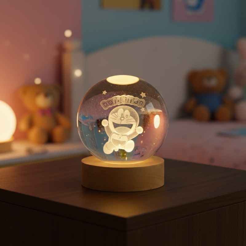 Lampe Boule Doraemon USB allumée sur un bureau design