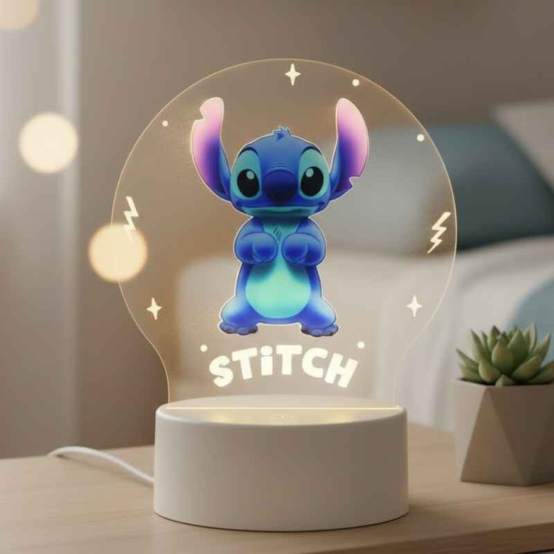 Lampe Stitch 3D allumée sur une table de chevet