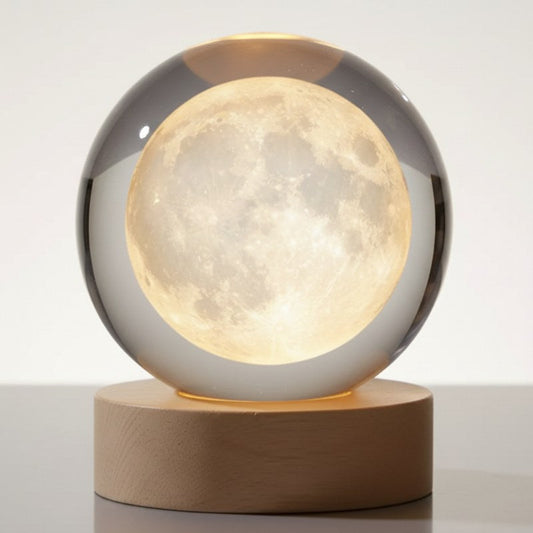 lampe lune cristal lumineuse veilleuse 3D posée sur table de nuit