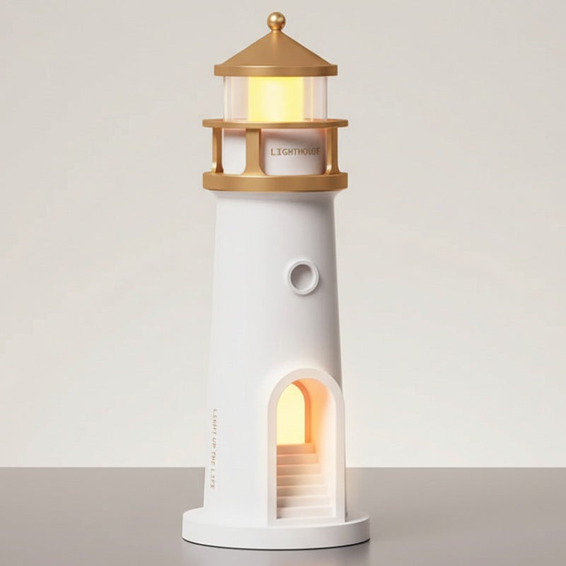Lampe Phare Marin Projecteur Lune veilleuse allumée sur table de chevet avec projection lune