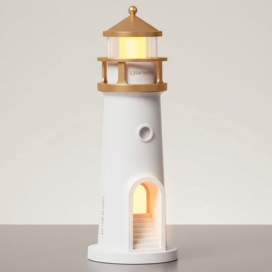 Lampe Phare Marin Projecteur Lune veilleuse allumée sur table de chevet avec projection lune