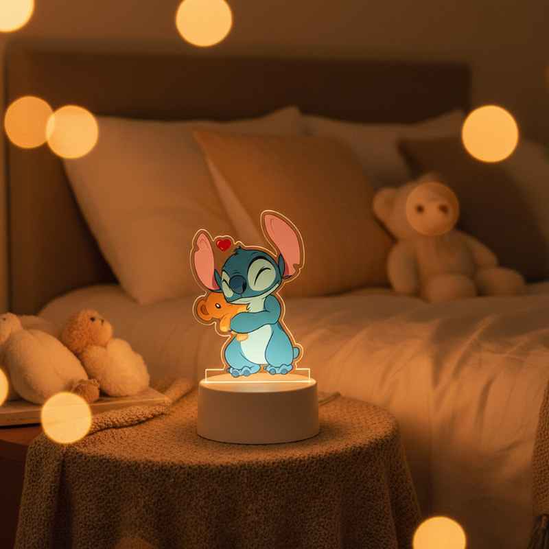 veilleuse Stitch 3D multicolore sur table de nuit d’enfant