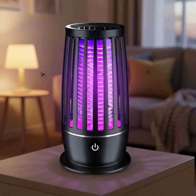 Lampe anti moustique UV posée sur table en soirée