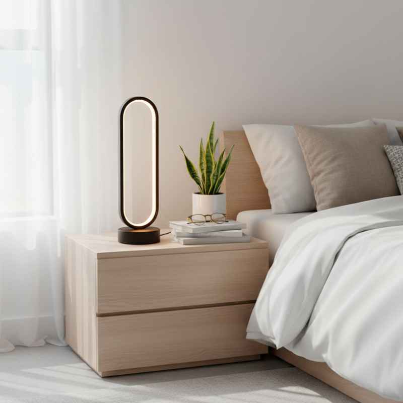 lampe LED noire ovale diffusant lumière chaude dans une chambre