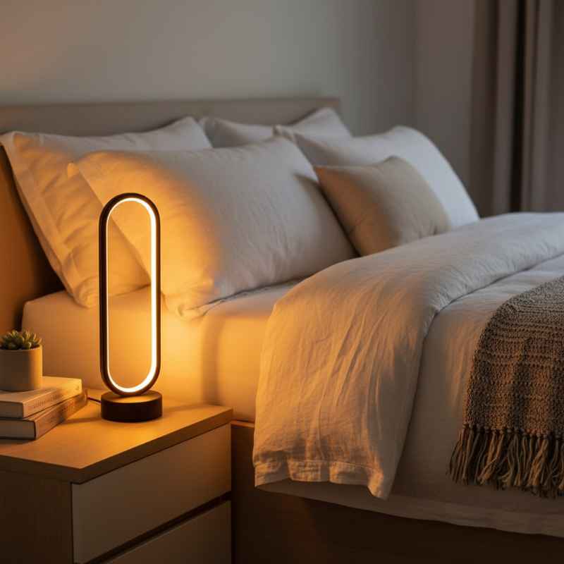 lampe de chevet noire ovale design moderne sur table allumée