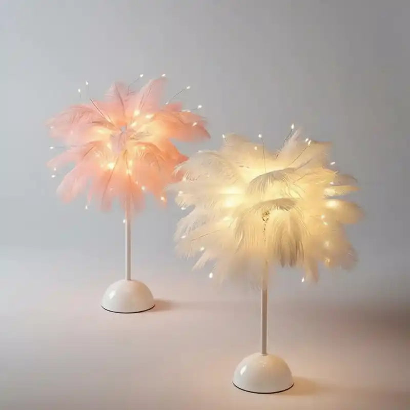 Lampe de chevet plume batterie plumes d'autruche rose élégant