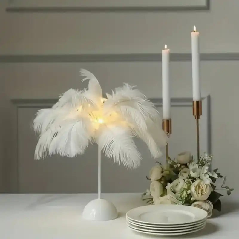 Lampe déco chambre batterie plumes naturelles blanc raffiné