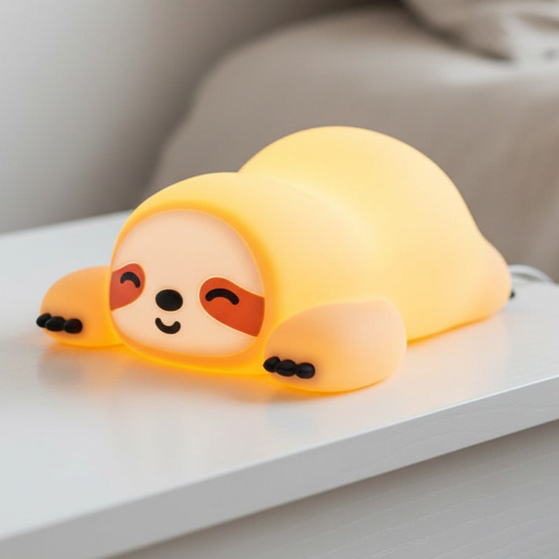 veilleuse paresseux bébé silicone rechargeable posée sur chevet dans chambre