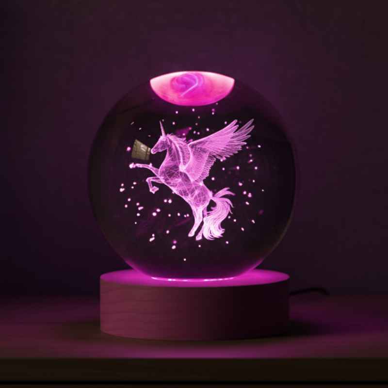 licorne veilleuse boule de cristal 3D sur socle bois LED allumée