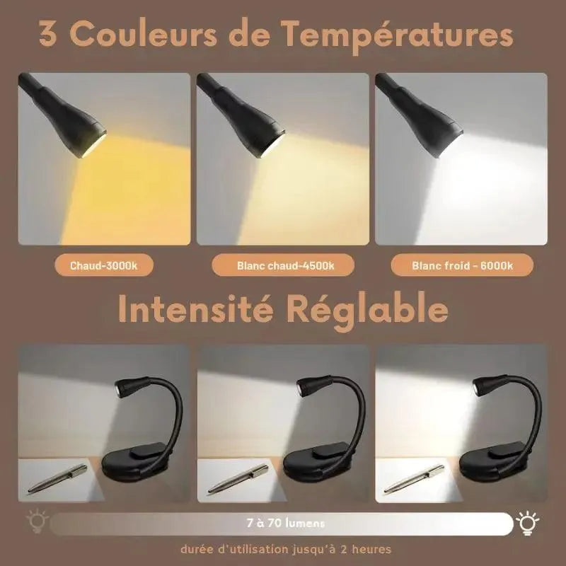 Clip lampe liseuse livre lumière blanche chaude réglable intensité