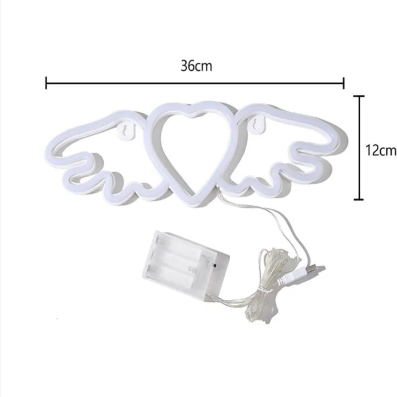 Effet lumineux romantique néon cœur et ailes d'ange