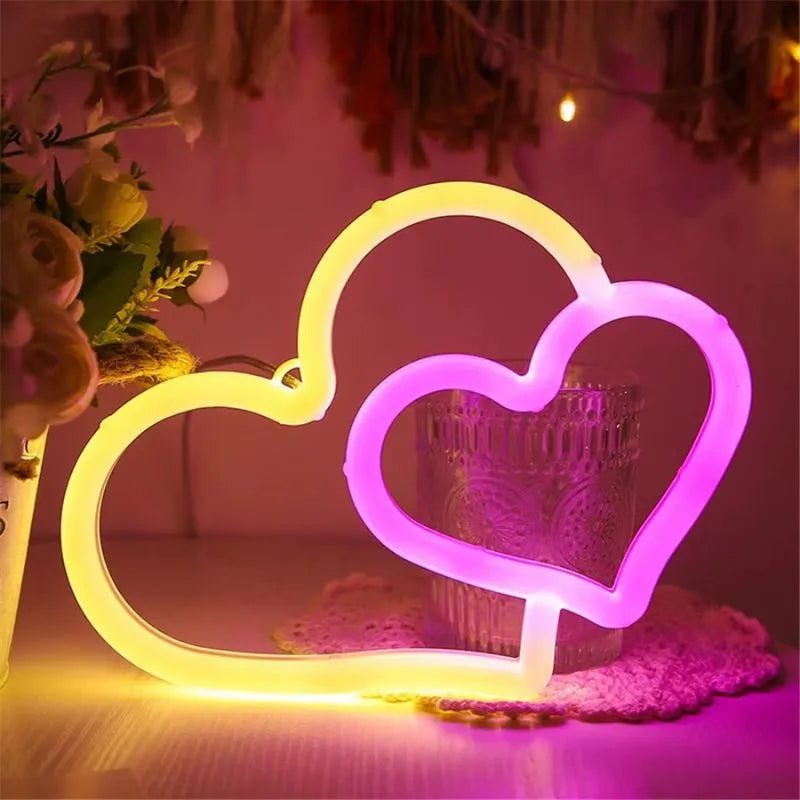 Neon Murale Led Double Coeur Jaune Rose Allumer
