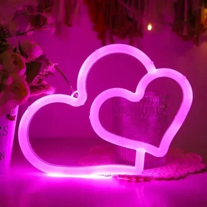 Neon Murale Led Double Coeur Rose