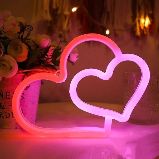 Neon Murale Led Double Coeur Rouge Rose