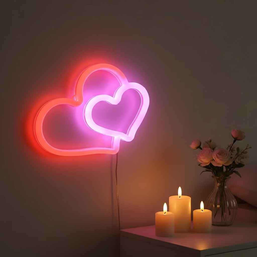 Double cœur LED entrelacé en silicone design élégant posé sur une table.