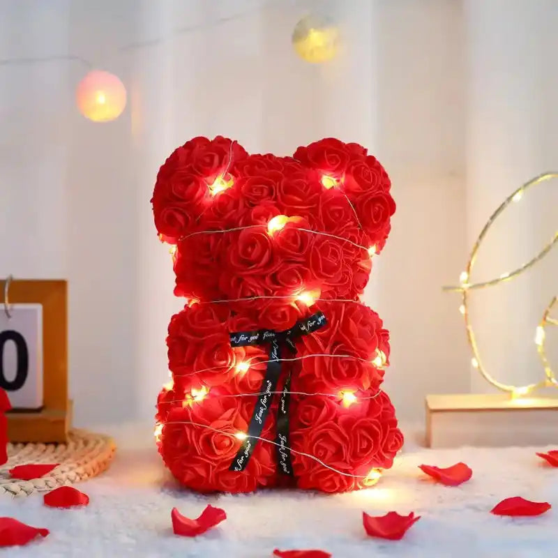Nounours rose éternelle lumineuse emballé cadeau, peluche décorative parfaite pour anniversaires.