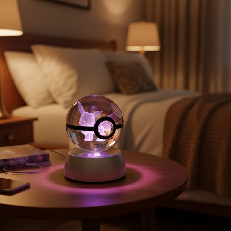 Veilleuse Pokéball Evoli Cristal LED 3D Dans Chambre Adulte