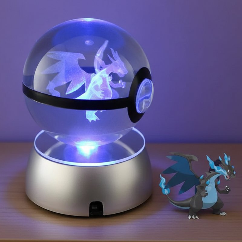 Pokeball cristal 3D Mega Charizard X gravure lumineuse