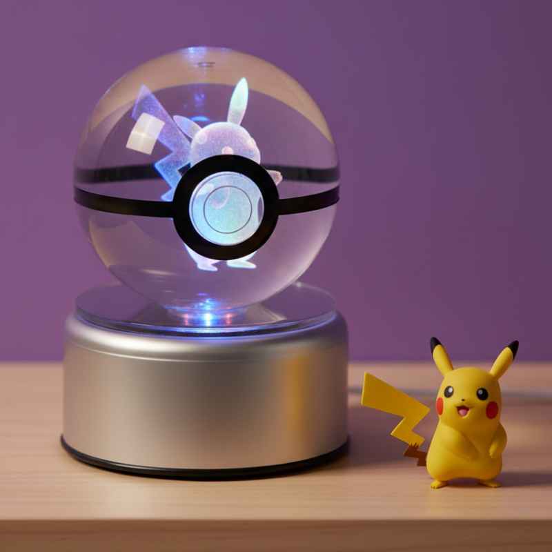 Veilleuse Pokeball Pikachu cristal sur table de chevet enfant