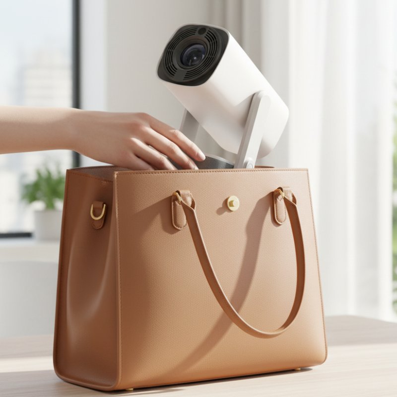 projecteur 4K portable sur table avec film projeté au mur