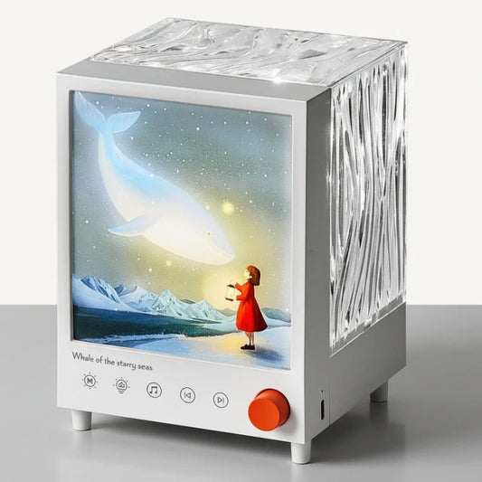 Projecteur Aurore Boréale Bluetooth sur table de nuit dans une chambre adulte