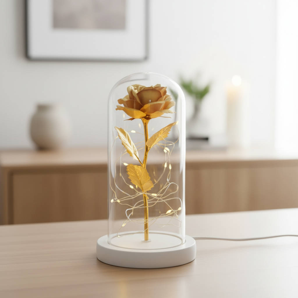 Rose Éternelle Dorée Sous Cloche Veilleuse de rêve