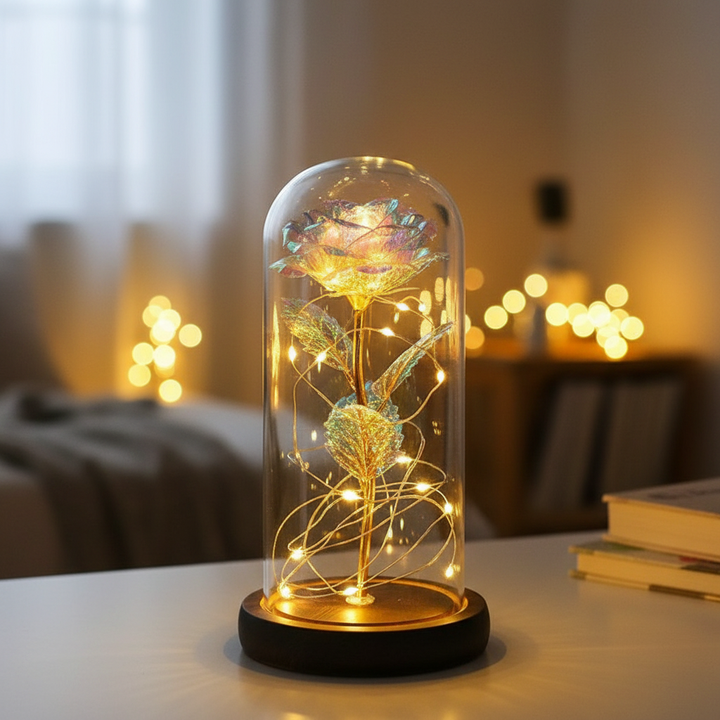 Rose Éternel Sous Cloche Brillante Veilleuse de rêve
