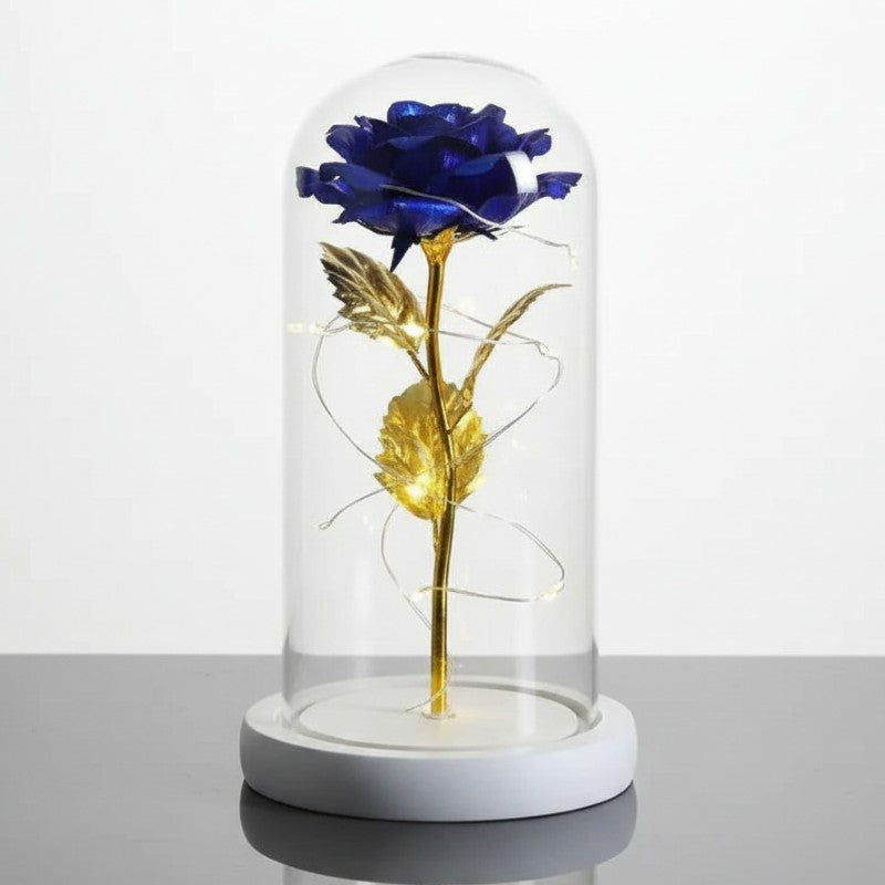 Rose éternelle bleu doré sous cloche verre décoration