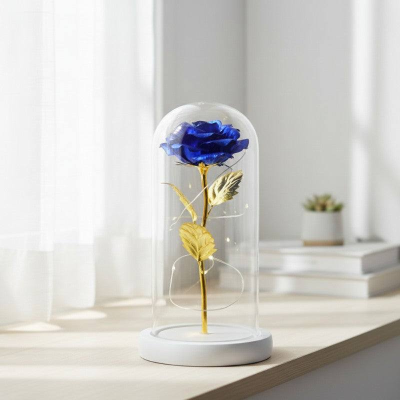 Rose immortelle bleu doré cloche cadeau amour éternel