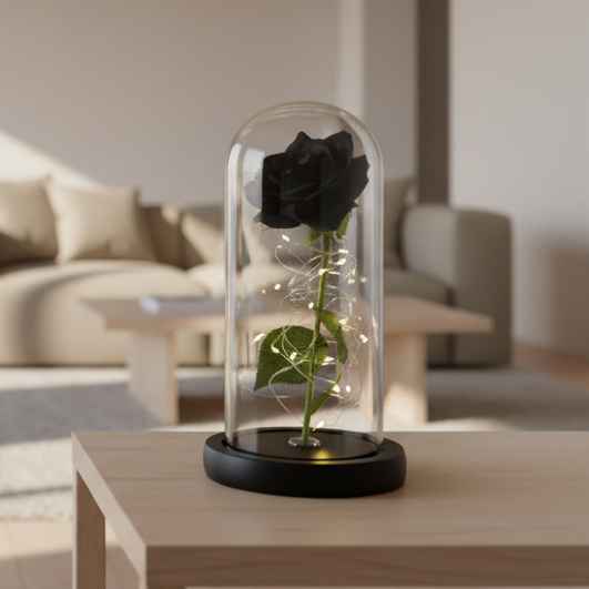 Rose Eternelle Noir Sous Cloche En Verre