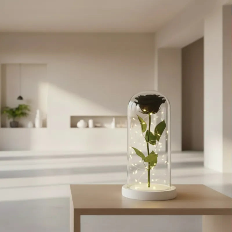 rose éternelle noire stabilisée sous cloche cadeau amour éternel Saint-Valentin